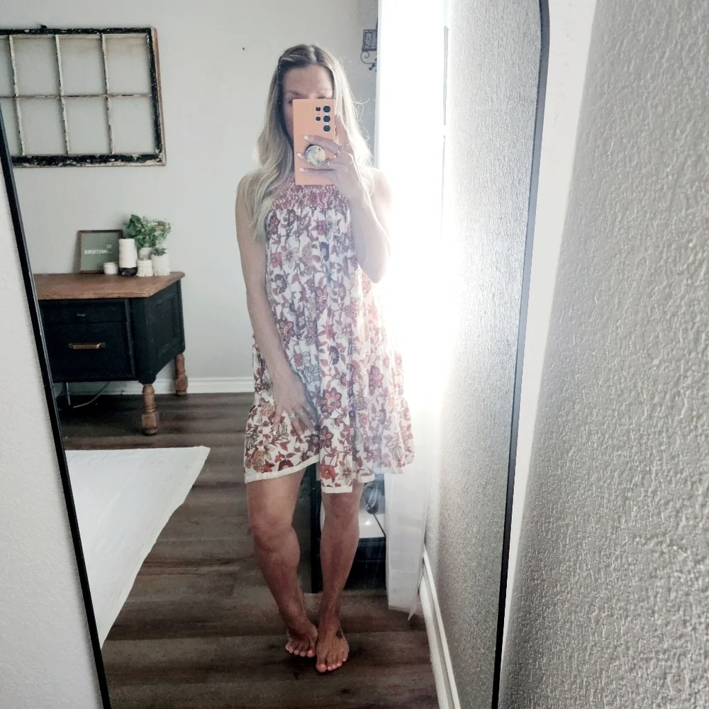 Free People Oh Baby Floral Mini Dress Swing Fully Lined White Cotton Smocked XS - Picture 5 of 16